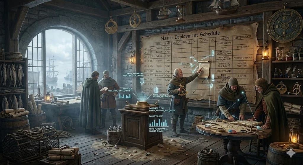 A medieval harbor office using a wall chart of departures represents how a content calendar helps time content for the right audience and season.