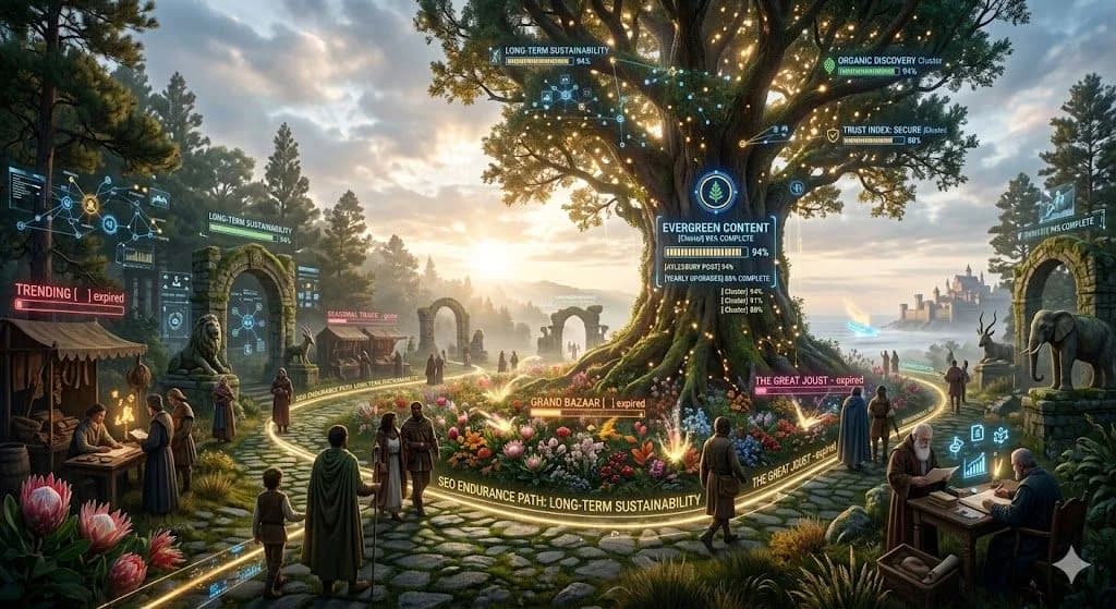A glowing evergreen tree beside fading seasonal flowers illustrates evergreen vs trending content in a medieval forest sanctuary.