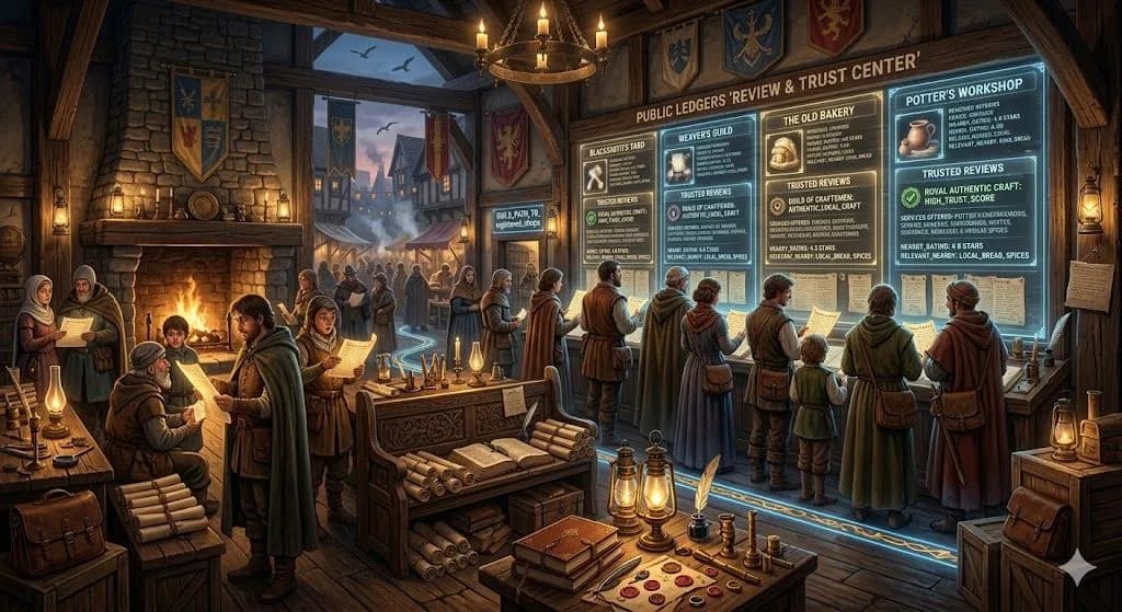 A medieval inn guestbook wall filled with glowing Reviews shows how customer feedback builds trust and supports local SEO.