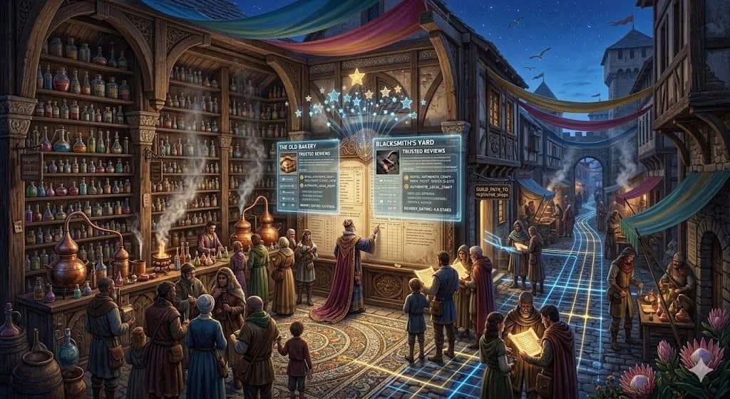 A medieval perfumer managing a glowing ledger of Reviews shows how reputation management strengthens trust and local SEO.