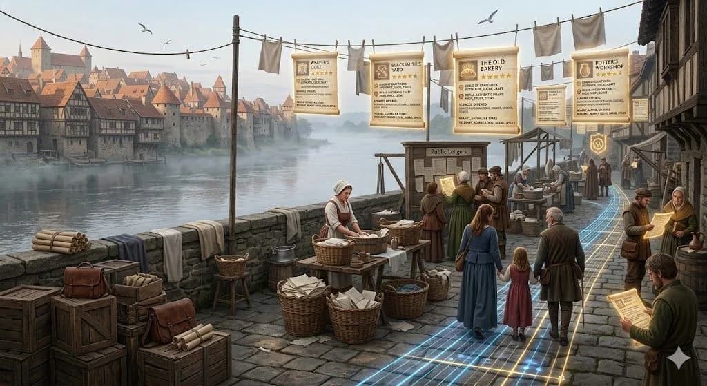 A medieval riverside terrace with visible Reviews shows how public feedback shapes local choices and supports stronger local SEO.