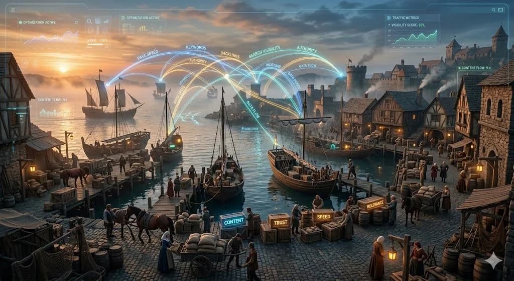 A medieval harbor filled with labeled cargo represents What does SEO look like now? through content, trust, and relevance working together.