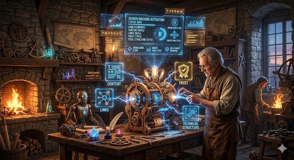 A medieval inventor building a glowing machine shows What does SEO look like now? as a system of connected ranking factors.