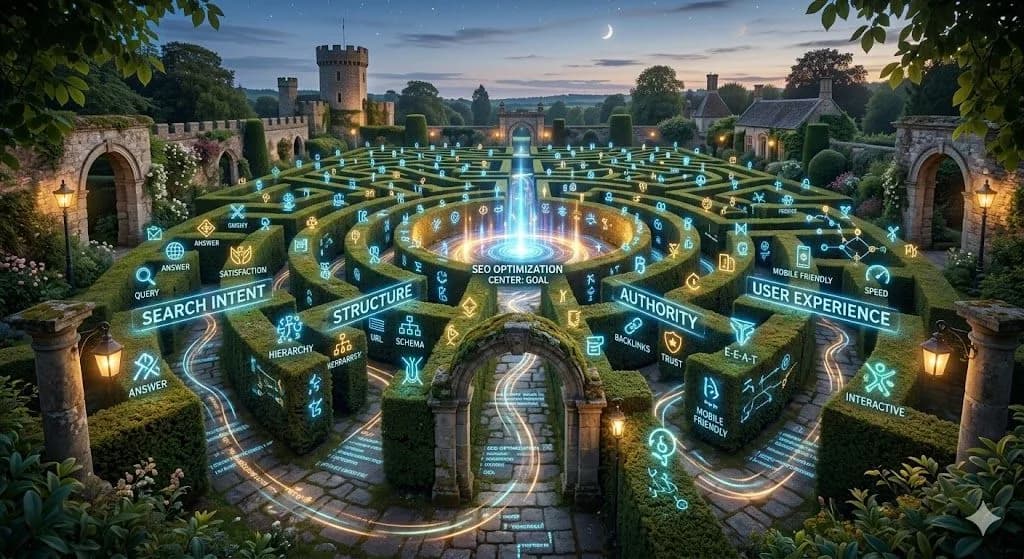 A medieval maze with glowing pathways illustrates What does SEO look like now? through search intent, authority, and user experience.