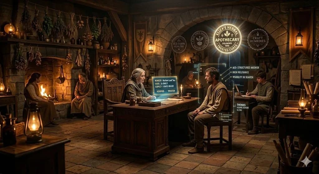 A medieval healer answering direct questions with glowing tablets shows how AEO supports business success through clear trusted answers.