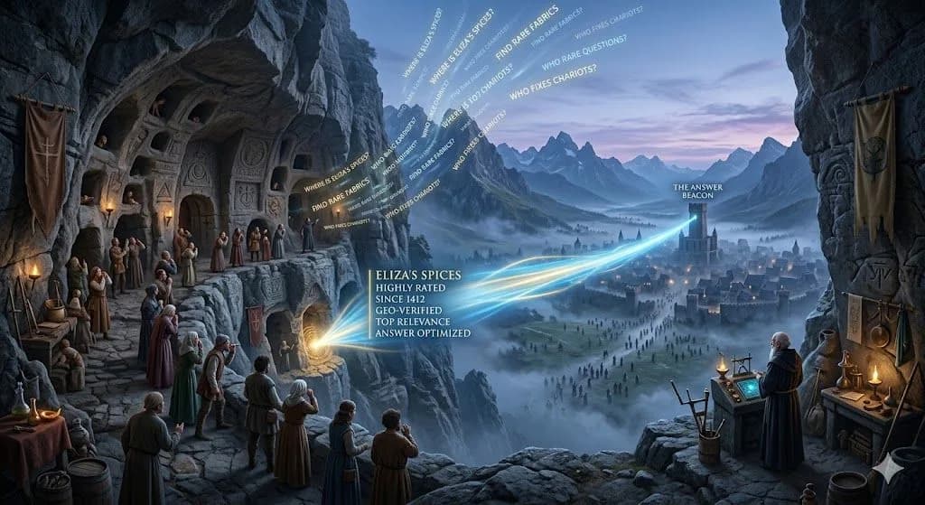 A medieval mountain echo chamber returning one precise answer represents how AEO helps businesses gain answer-focused visibility.