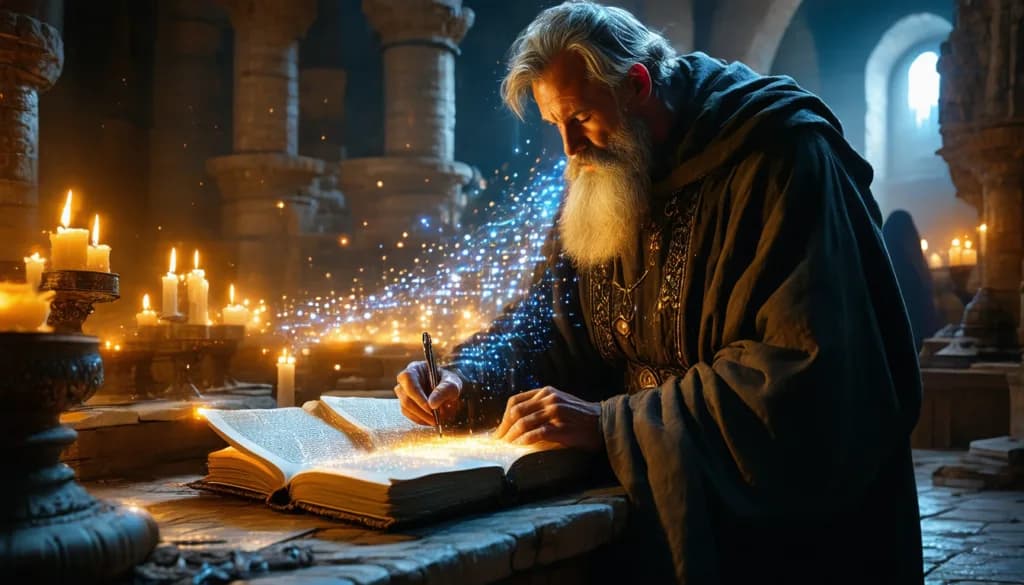 A cinematic image of an elderly scholar with a long white beard writing in an ancient book, where a column of glowing blue binary code and digital data rises from the pages. Set in a warm, candlelit stone chamber, this visual represents Answer Engine Optimization (AEO) and the synthesis of human-written content with AI-driven search data.