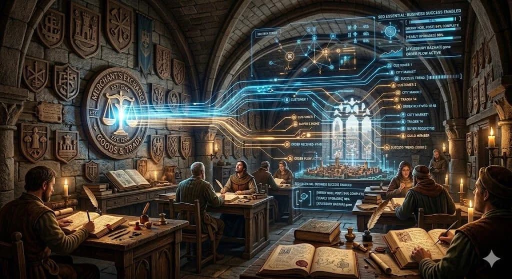 A medieval guild registry with one glowing merchant symbol shows how seo is essential for a business become visible and easier to find.