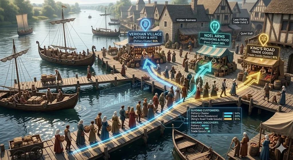 A medieval ferry landing with glowing directions to busy stalls illustrates how seo in 2025 supports business success by guiding customers to the right place.