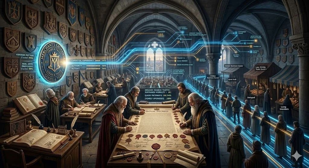 A medieval seal chamber with glowing trust indicators shows how googleNavigational can represent expertise, authority, and trust being carefully measured.