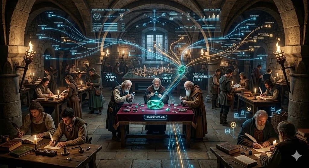 A medieval jewel appraisal vault illustrates how googleNavigational connects trust with authenticity, quality, and expert evaluation.