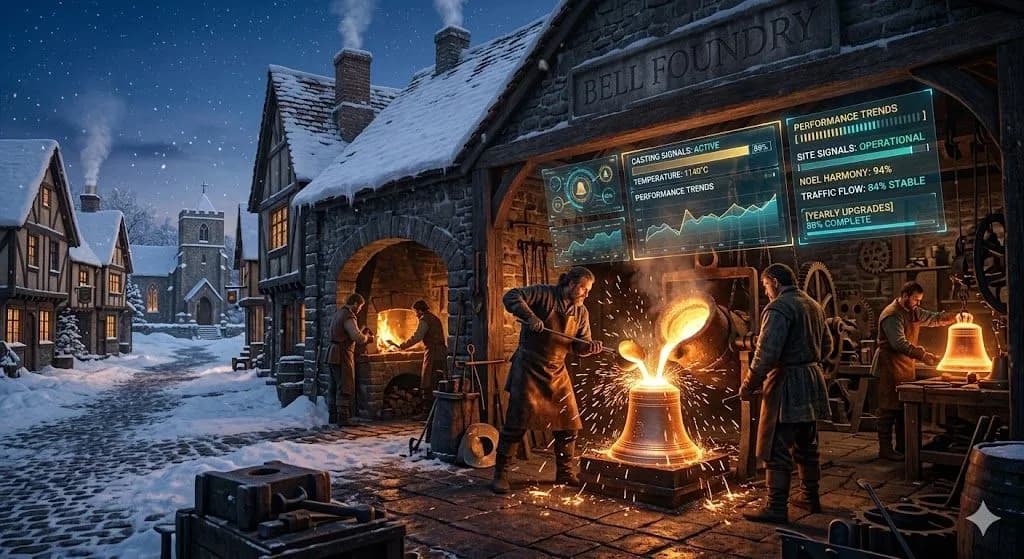A snowy medieval relay station with glowing scrolls illustrates how holiday seo keeps a busy site working during a quiet festive season.