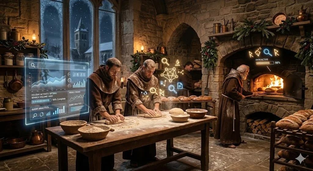 A medieval abbey bakery glowing before dawn shows how holiday seo can keep online activity moving even during seasonal quiet.