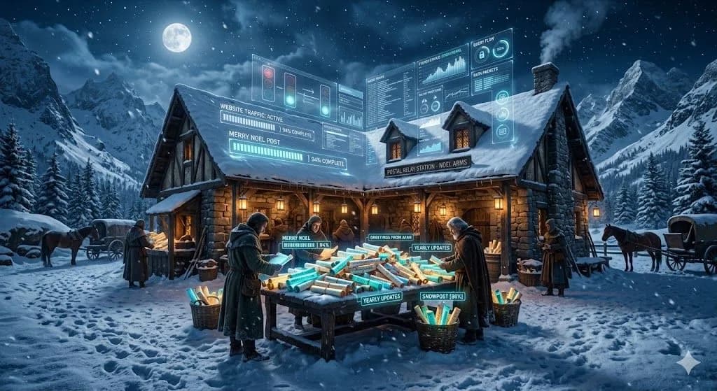 A winter bell foundry glowing inside while snow falls outside shows how holiday seo can keep a busy site active during a silent night.