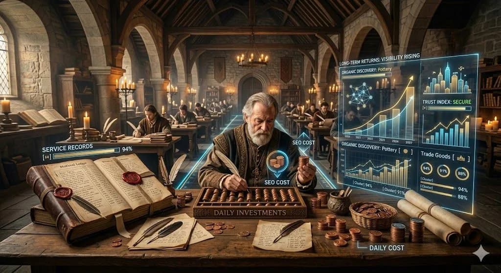 A medieval counting house full of ledgers and coin trays shows how SEO cost is better understood through long-term value and return.