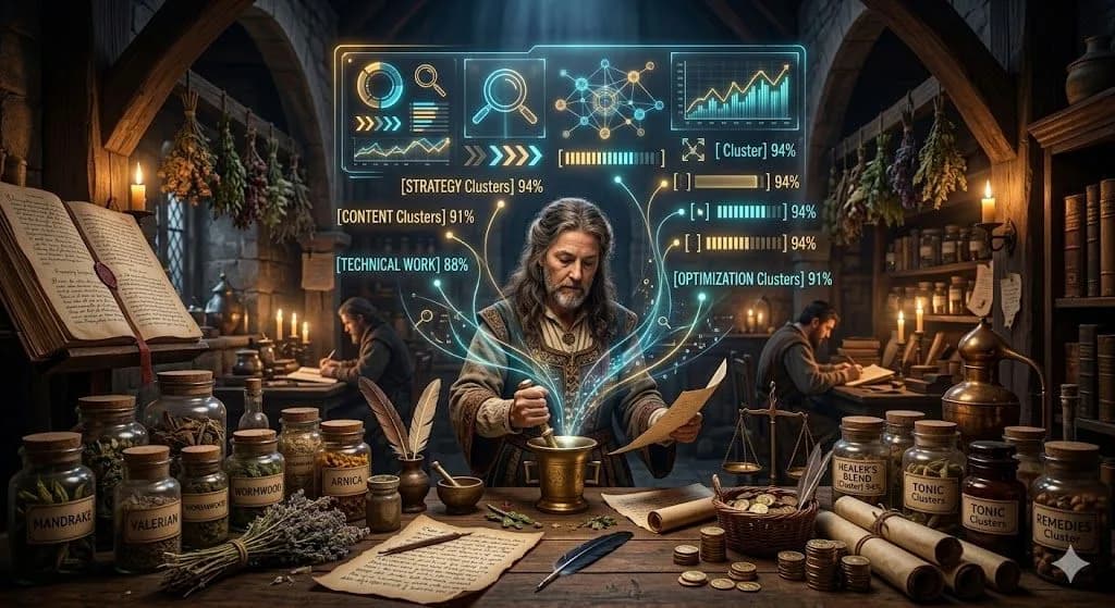 A medieval apothecary mixing custom ingredients shows how SEO cost varies depending on the strategy and support a business needs.