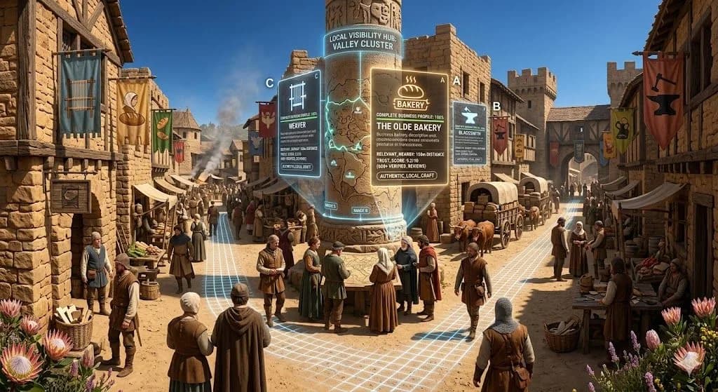 A medieval merchant preparing a glowing listing panel shows how Google Business Profile can be optimized for stronger local SEO.