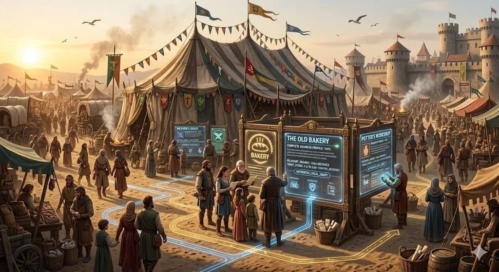 A medieval fairground registry with visible listing boards shows how Google Business Profile helps people choose trusted local businesses.
