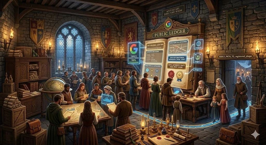 A medieval apothecary updating a public listing shows how Google Business Profile supports stronger local SEO and better customer discovery.
