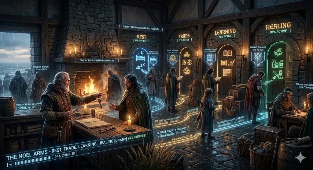 A medieval innkeeper directing travelers to different doors shows how search intent helps match people with the right content.
