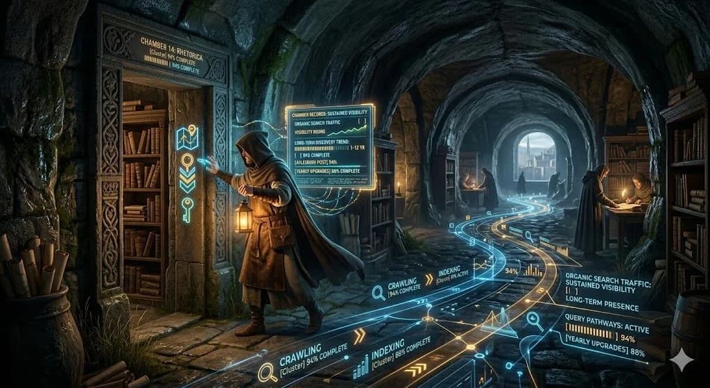 A medieval lantern-bearer exploring an underground archive shows how crawling helps search engines discover and record pages.