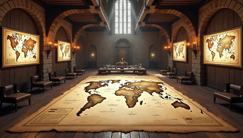 A medieval hall with a vast world map across the floor and regional maps on the walls, illustrating how search engines crawl, index and map the web.