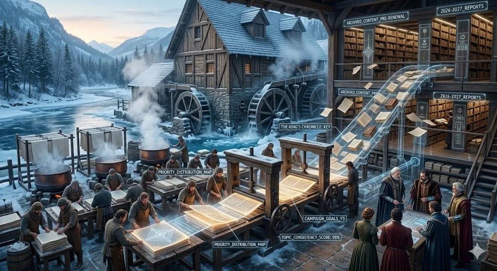 A medieval paper mill producing glowing fresh pages illustrates Content Strategy beginning a new and more intentional chapter.