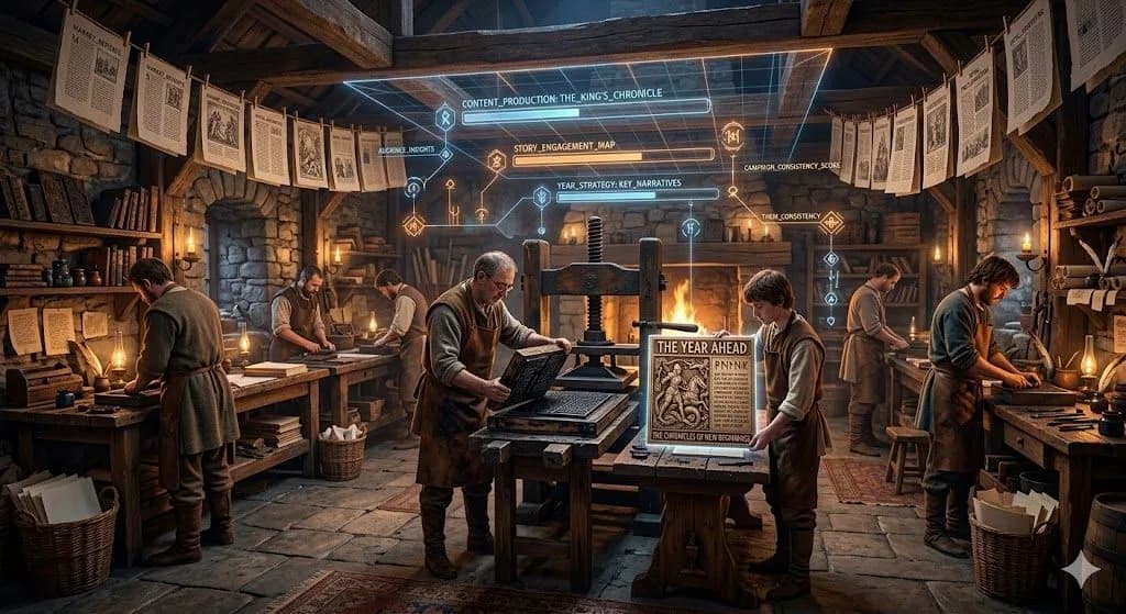 A medieval printmaking hall replacing old blocks with new panels shows Content Strategy shifting into a stronger new direction.