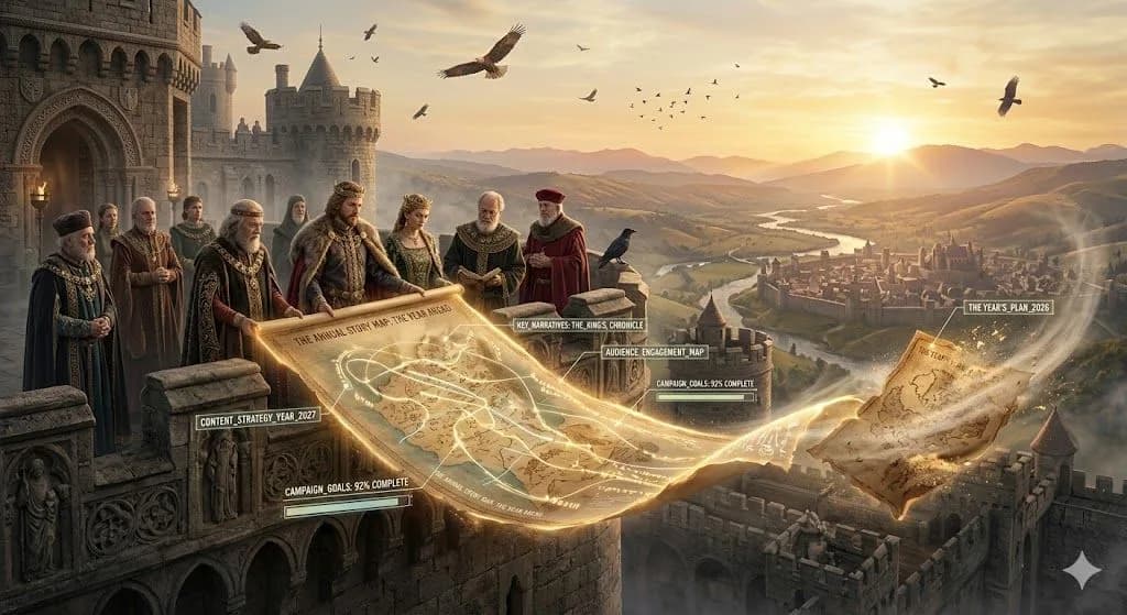 A medieval rooftop council unveiling a glowing story map represents Content Strategy at the moment the page turns to a new year.