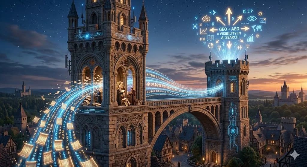 A medieval twin observatory shows how GEO and AEO work together to gather and present information in AI search visibility.