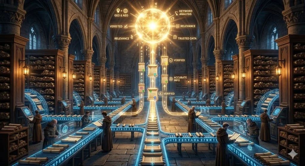 A medieval archive selecting only the best scrolls illustrates how GEO and AEO influence which content appears in AI-generated results.