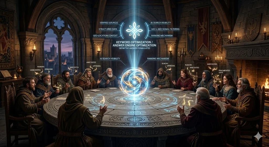 A medieval council selecting one clear answer shows how GEO and AEO determine visibility in AI-driven search systems.