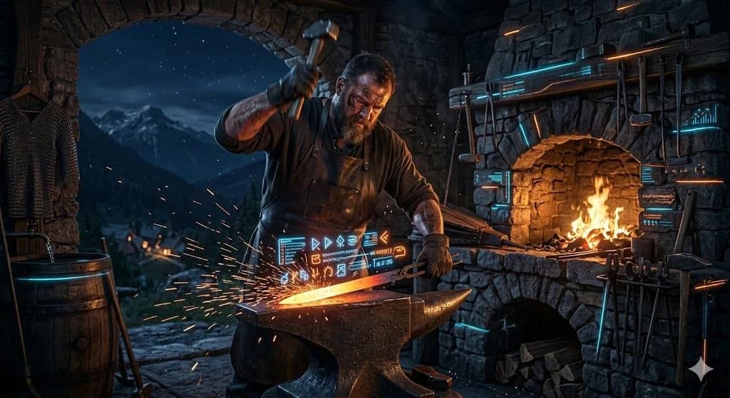 A medieval blacksmith refining a blade over many stages illustrates How Long SEO Really Takes to become strong and effective.