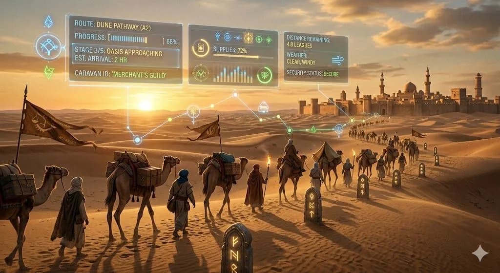 A medieval caravan crossing a long route with glowing milestones represents How Long SEO Really Takes as a gradual journey.