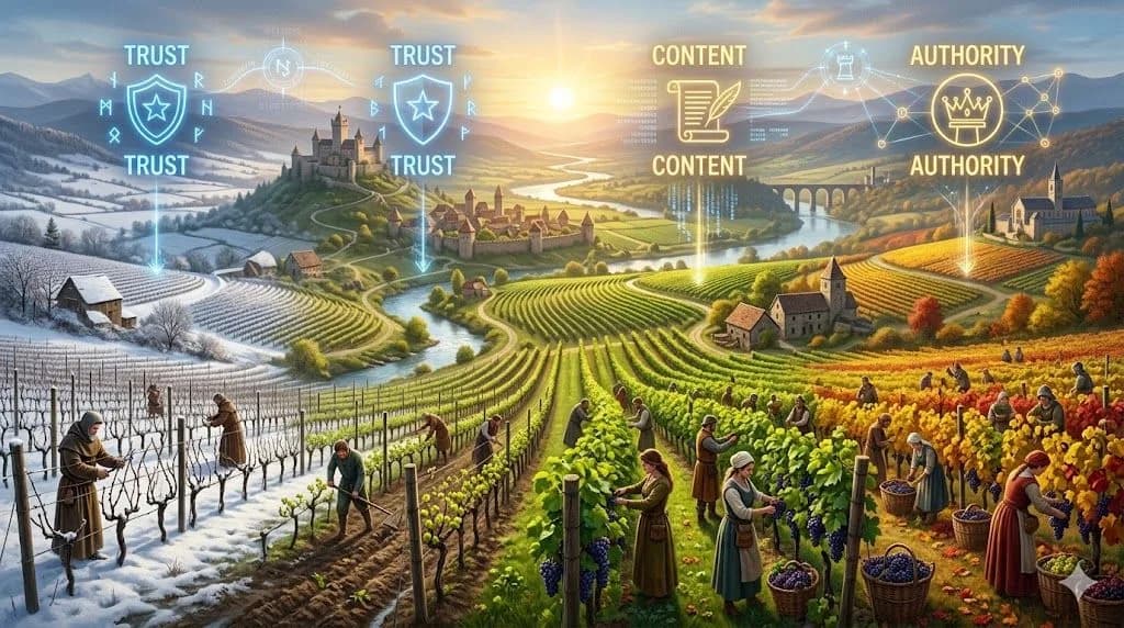 A medieval vineyard changing through the seasons shows How Long SEO Really Takes as steady growth rather than instant results.