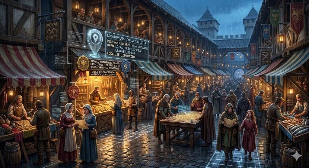 A medieval town square with glowing map paths to nearby shops shows how Local SEO helps customers find local businesses more easily.