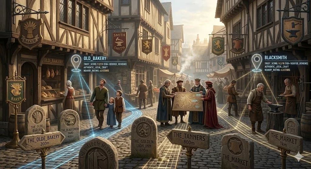 A glowing stall in a medieval bazaar shows how Local SEO helps nearby customers discover trusted local businesses.