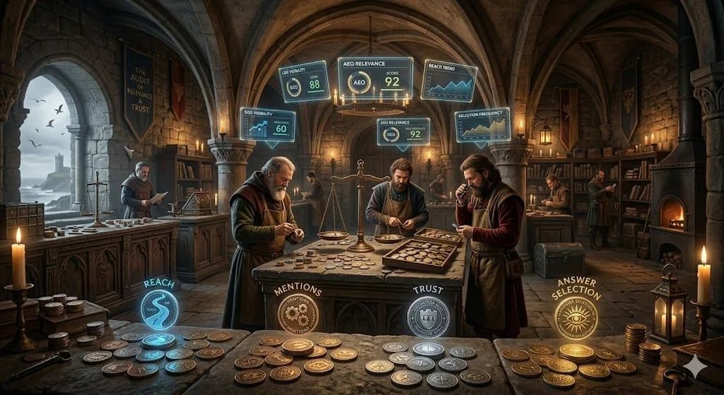 A medieval mint audit chamber illustrates how measuring success in GEO and AEO involves tracking trust, mentions, and answer selection.