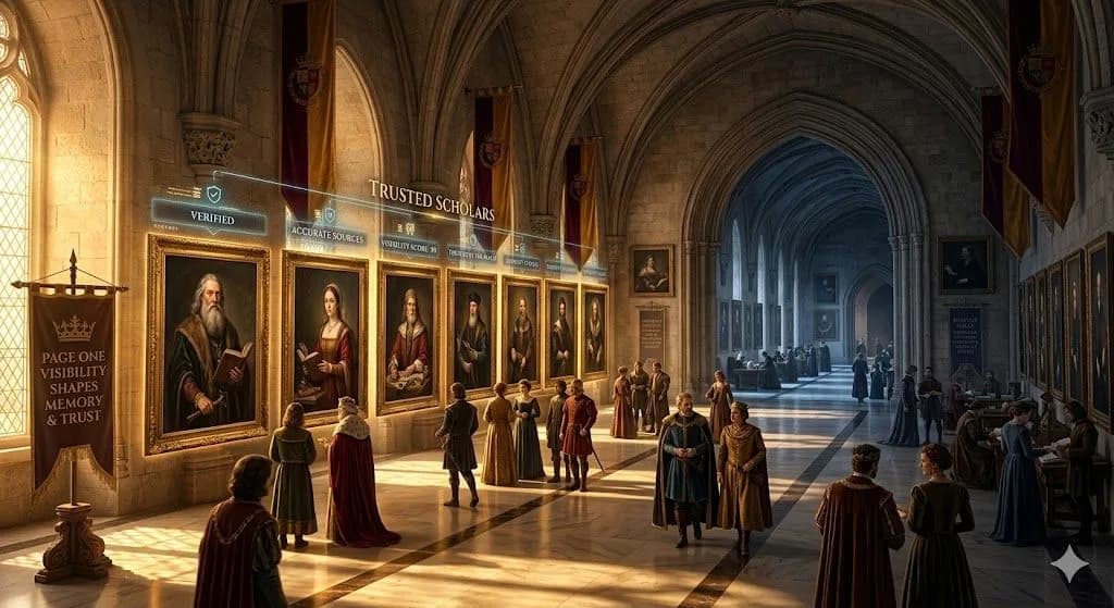 A medieval royal gallery with the front chamber in full light illustrates why page one visibility in AI search still influences which sources get attention.