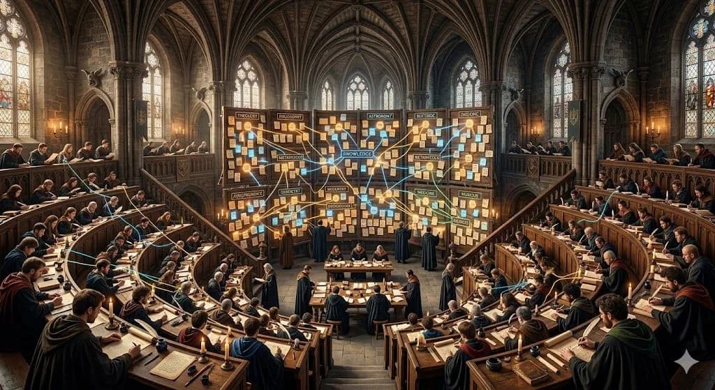 A medieval lecture hall filled with connected knowledge boards shows how topical authority is built through strong content clusters.