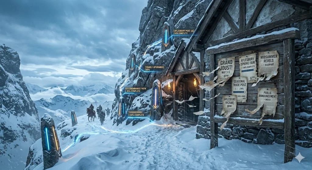 A snowy medieval mountain pass with torn notices and glowing route beacons shows how SEO can provide longer visibility than traditional marketing.