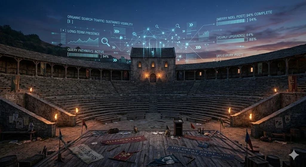 An empty medieval amphitheater beside a glowing record hall illustrates how SEO lasts longer than traditional marketing bursts.
