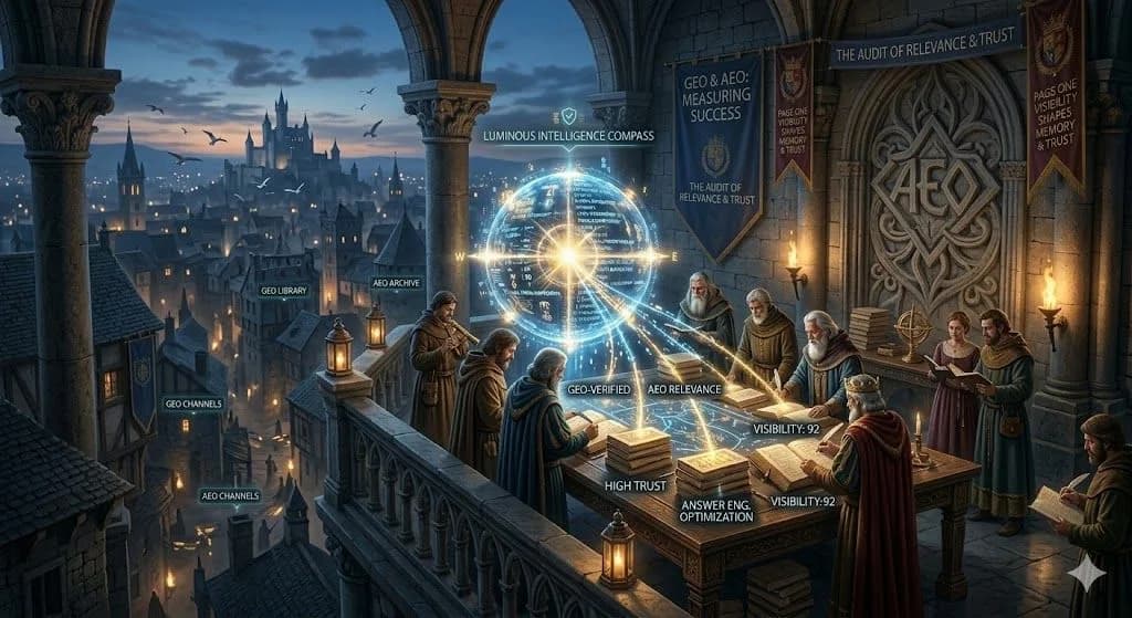 A medieval council using a glowing compass to compare scrolls shows How large language models choose sources.