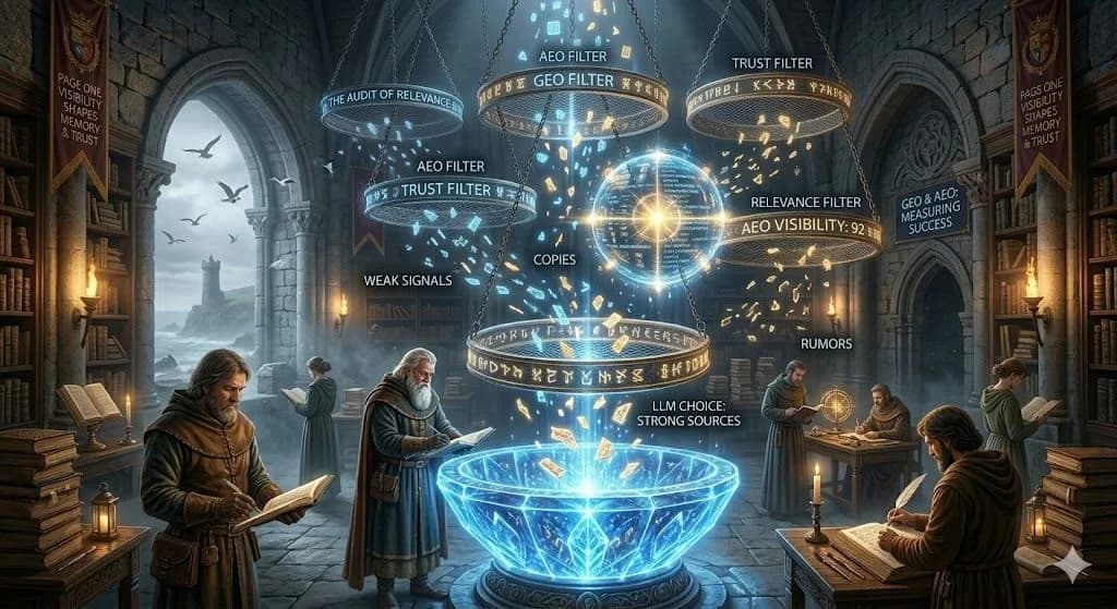 A medieval crystal sieve filtering glowing knowledge pieces represents How large language models choose sources