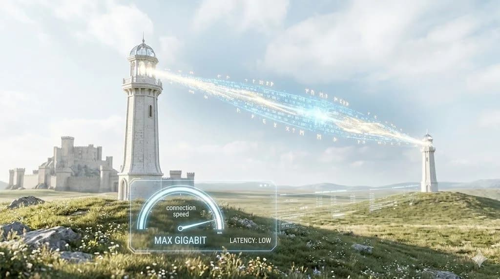 An ethereal white beacon tower pulses a stream of digital bytes, visualizing near-instant data transfer and site speed.