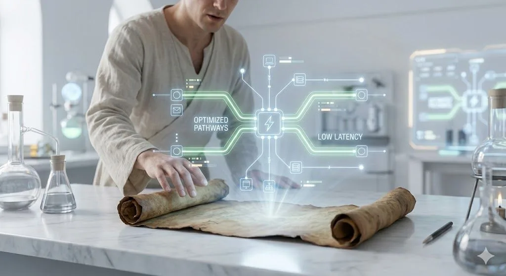 A medieval alchemist reviews a clean holographic data projection from a scroll, indicating optimized low latency for fast site speed.