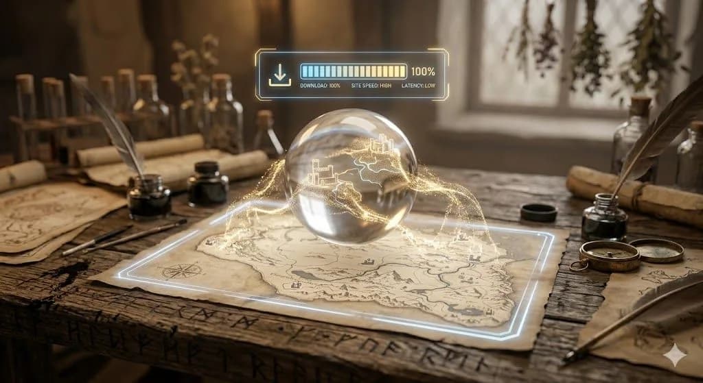 A medieval map rapidly loads inside a floating quartz crystal, illustrating optimal data flow and fast site speed.
