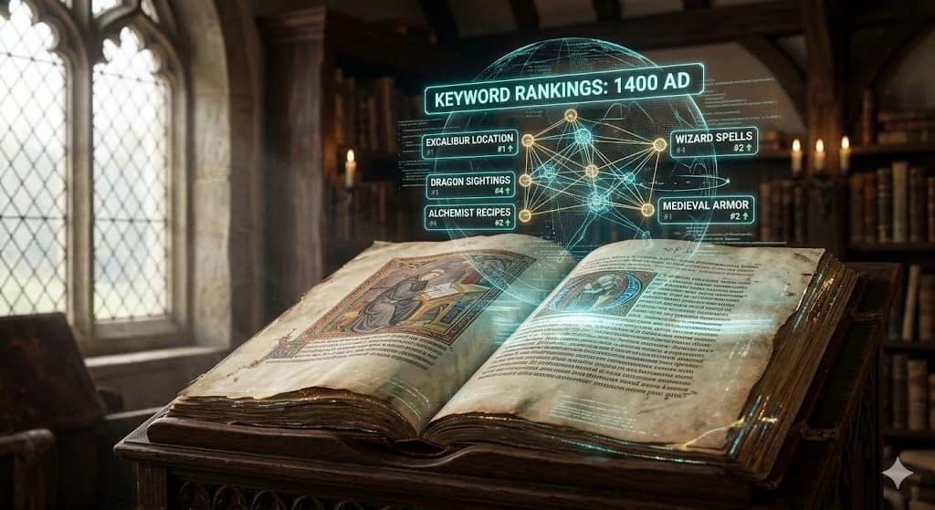 A close-up of an open ancient manuscript. A modern, glowing light-blue 3D hologram of a complex keyword ranking network chart floats above the vellum pages, visualizing technical SEO concepts in a medieval fantasy setting.