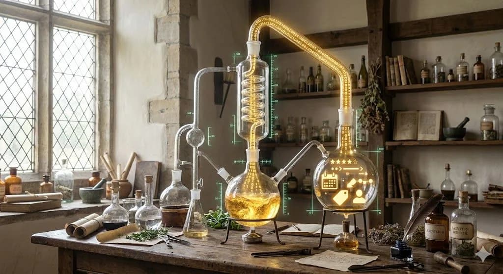 An interior view of an alchemist's workshop bathed in pale light. A glass alembic processes a glowing stream of light-gold digital code that forms icons representing structured data and schema markup, visualizing technical SEO concepts.