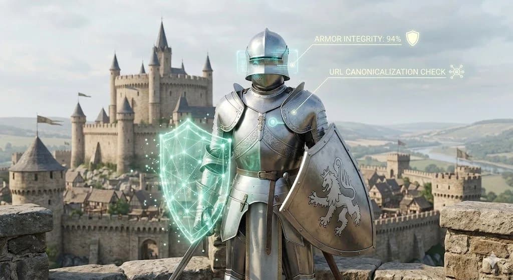 A polished silver paladin standing before a castle. A modern, light-blue holographic HUD is projected through the helmet, displaying text like 'URL CANONICALIZATION CHECK,' blending medieval fantasy and technical SEO data visualizations.